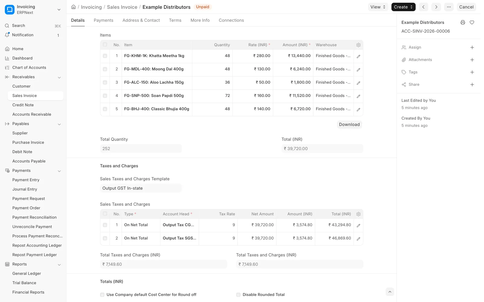 ERPNext sales invoice for a sample distributor with five snack items and CGST and SGST rows at 9 percent each