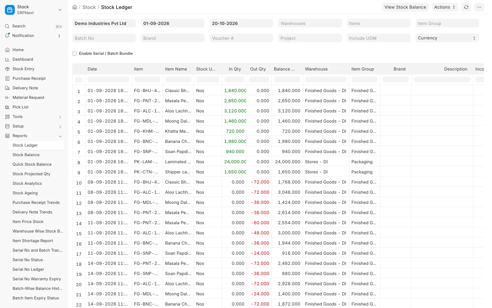 ERPNext stock ledger listing goods received into the warehouse and quantities going out against sales invoices, with running balances